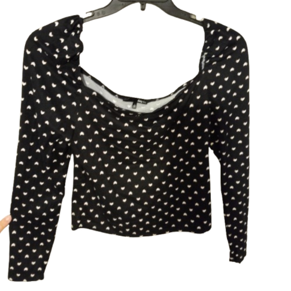 Daisy May L Birdseye All-Over Print Puff Shoulder Long Sleave Crop Top